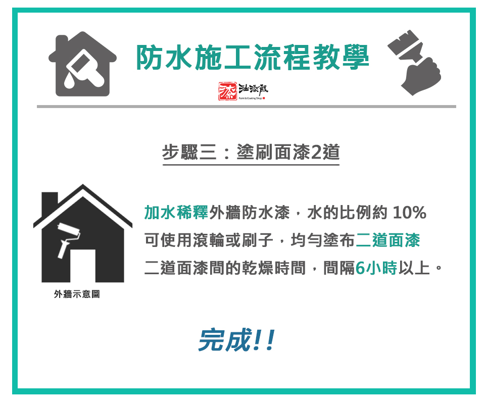外牆防水DIY油漆施工流程教學,步驟3塗刷面漆2道